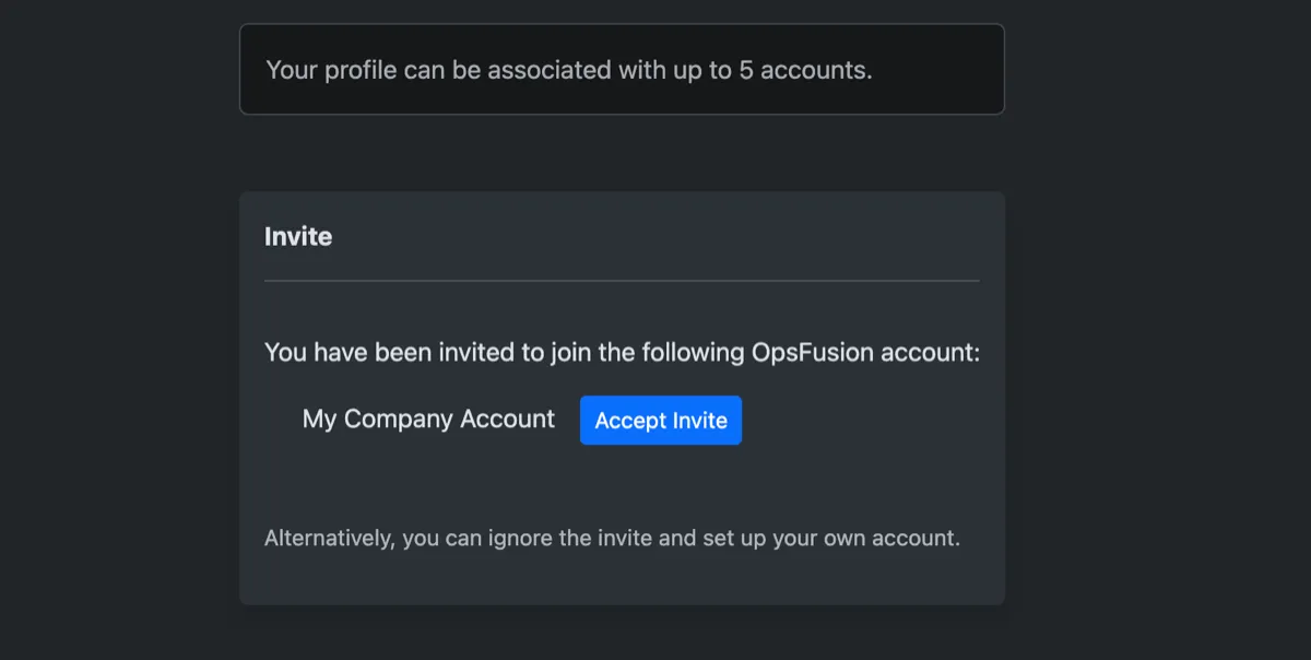 Account invitation screen showing pending invitations to join