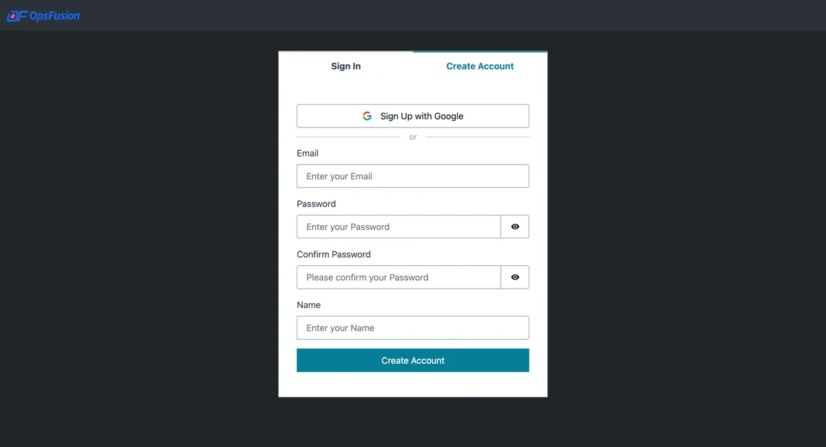OpsFusion sign up page with account creation form