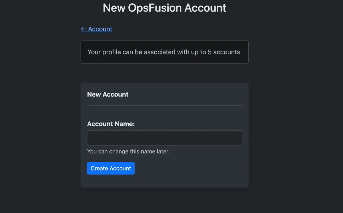 New account creation form with account name field