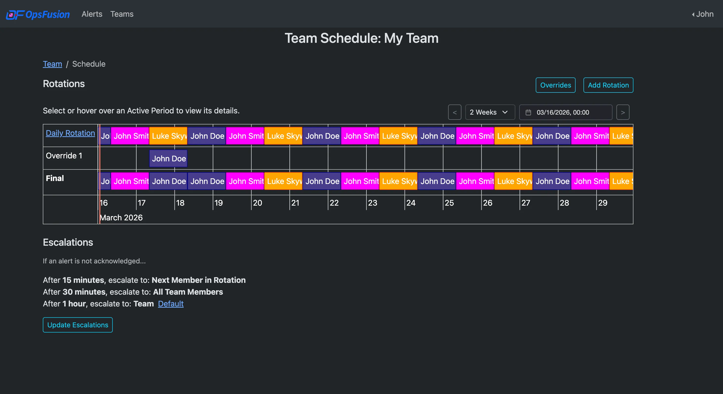 Weekly on-call rotation schedule